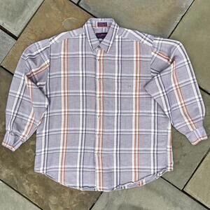 Vintage 90s Purple Orange Houndstooth Plaid Linen Shirt